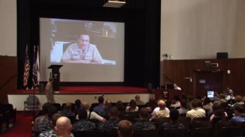 Guests listen to Admiral Haney speak at the Pacific Rim innovation symposium, held at SPAWAR San Diego in 2012.
