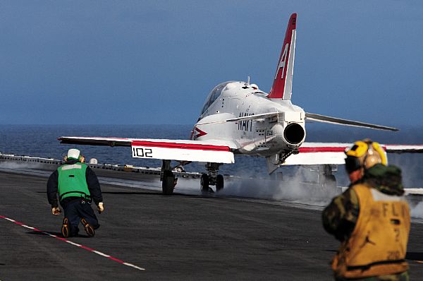 A T-45 Conducts Carrier Qualifications aboard RONALD REAGAN