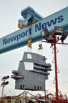 130126-N-YX169-134 NEWPORT NEWS, Va., (Jan. 26, 2013) The 555-metric ton island for the future nuclear-powered aircraft carrier USS Gerald R. Ford (CVN 78) is lifted into position on the shipÕs flight deck during an island landing ceremony at Huntington Ingalls Industries-Newport News Shipbuilding. The island-landing ceremony marks the final super-lift in the construction process for the ship. The Gerald R. Ford is the first is a new class of aircraft carriers, and is scheduled to be delivered to the Navy in 2015. (U.S. Navy photo by Mass Communication Specialist 1st Class Nathanael Miller/Released)