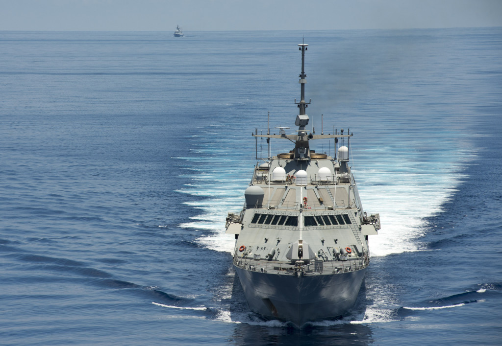 150511-N-VO234-286 SOUTH CHINA SEA (May 11, 2015) The littoral combat ship USS Fort Worth (LCS 3) conducts patrols in international waters of the South China Sea near the Spratly Islands as the People's Liberation Army-Navy [PLA(N)] guided-missile frigate Yancheng (FFG 546) transits close behind. (U.S. Navy photo)