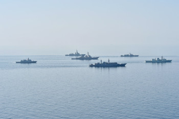 Ships from various countries steam in formation during Sea Breeze 2014. Sea Breeze is a multinational maritime exercise with naval forces participants from Ukraine, Georgia, Romania, Turkey, Latvia, and the U.S. (U.S. Navy Photo by Mass Communication Specialist 2nd Class John Herman).