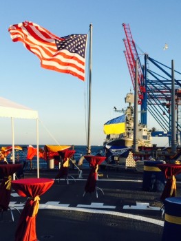 USS Donald Cook (DDG-75) is moored near Ukraine ship Hetman Sahaydachny (U-130) in Odessa for a reception during Sea Breeze 2015. (Personal photo by Vice Adm. James Foggo).