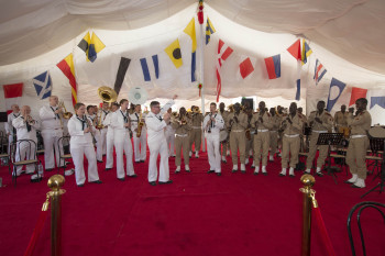 The U.S. Naval Forces Europe Band and the Musique Principale des forces Armies Senegalaise play together at the opening ceremony for OE/SE 2016. (U.S. Navy photo by Mass Communication Specialist 3rd Class Weston Jones).