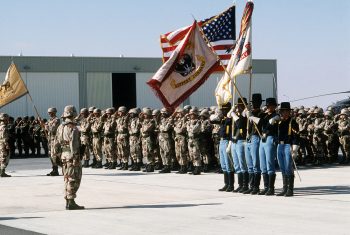 An Army Color Guard in Saudi Arabia during Operation Desert Storm, 1991. U.S. Naval Institute photo