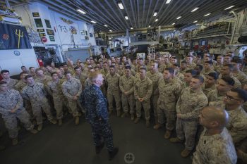 Marines from the 22nd Marine Expeditionary Unit in the hangar bay aboard the amphibious assault ship USS Wasp (LHD 1), Sept. 28, 2016 (U.S. Navy photo by Petty Officer 1st Class Eric S. Garst)