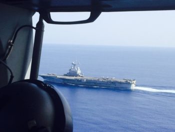 The nuclear aircraft carrier FS Charles de Gaulle (R91), as observed from a French Dauphin helicopter. (Personal photo courtesy of Vice Adm. James Foggo III)
