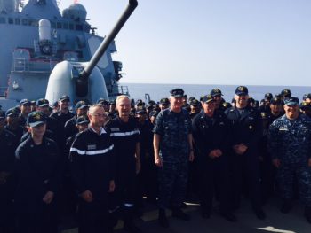 French and US leadership and Sailors aboard the USS Ross (DDG 71), Oct. 13, 2016. Ross is providing multi-warfare defense support to FS Charles de Gaulle (R91) in support of Operation Inherent Resolve. (Personal photo courtesy of Vice Adm. James Foggo III)
