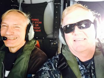 Vice Adm. James Foggo III, Commander, U.S. 6th Fleet, right, and Vice Adm. Charles du Che, Commander French Mediterranean Fleet, enroute to USS Ross (DDG 71), Oct. 13, 2016. (Personal photo courtesy of Vice Adm. James Foggo III)